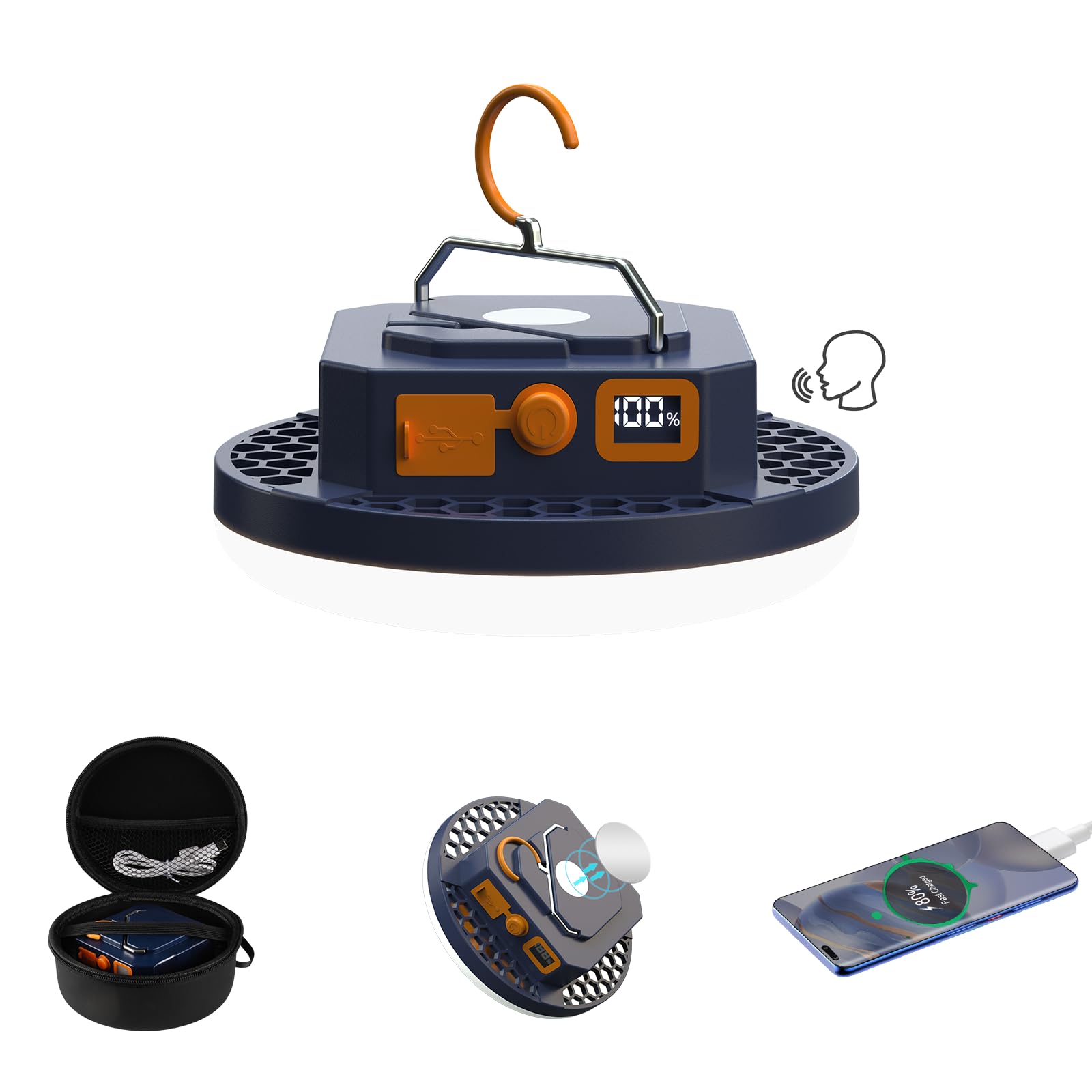 Lampada da campeggio ricaricabile da 10000 mAh, 4000 lm, 7200 K, lanterna da campeggio impermeabile, con borsa portatile e controllo vocale (offline), ottimo regalo per genitori, papà, mamma, amici