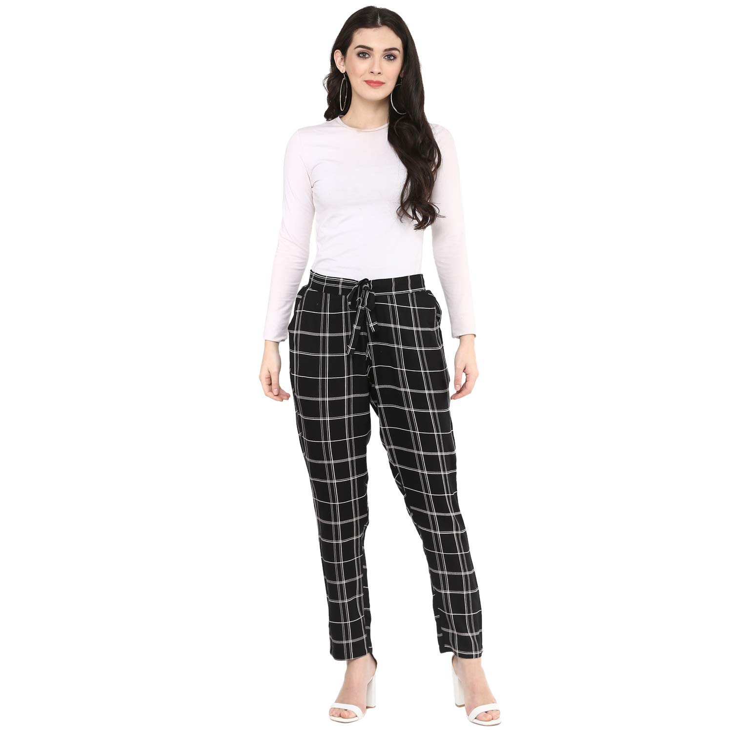 Yash Gallery Rayon Indian Womens Checks Printed Ladies Trouser for Summer - Black