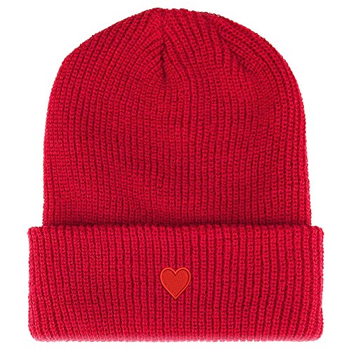 Trendy Apparel Shop Emoticon Heart Embroidered Ribbed Cuffed Knit Beanie - Red