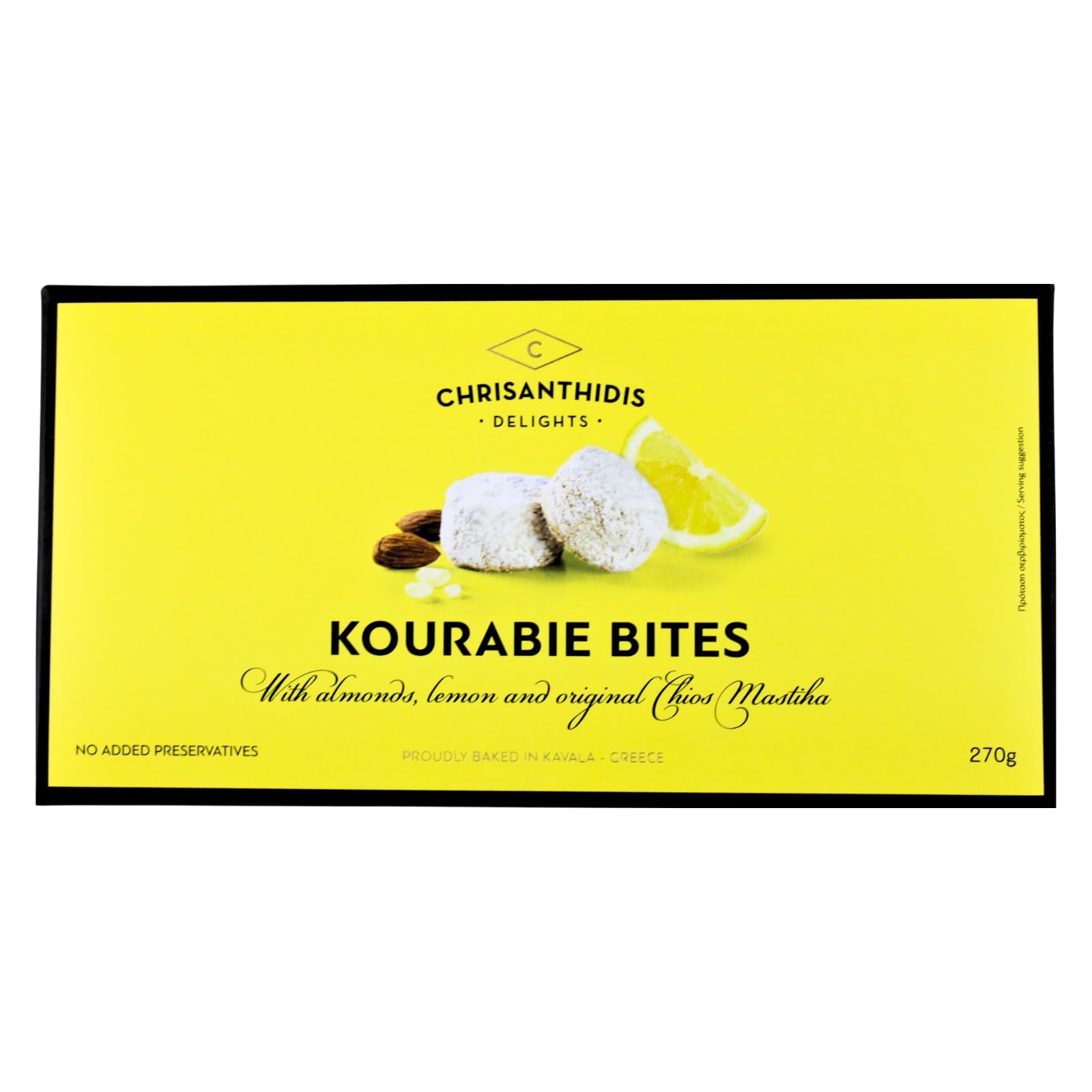 Chrisanthidis Delights Kourabie Bites with Almonds, Lemon and original Mastiha from Chios – Traditional Greek Shortbread Biscuits – No Added Preservatives – 270g