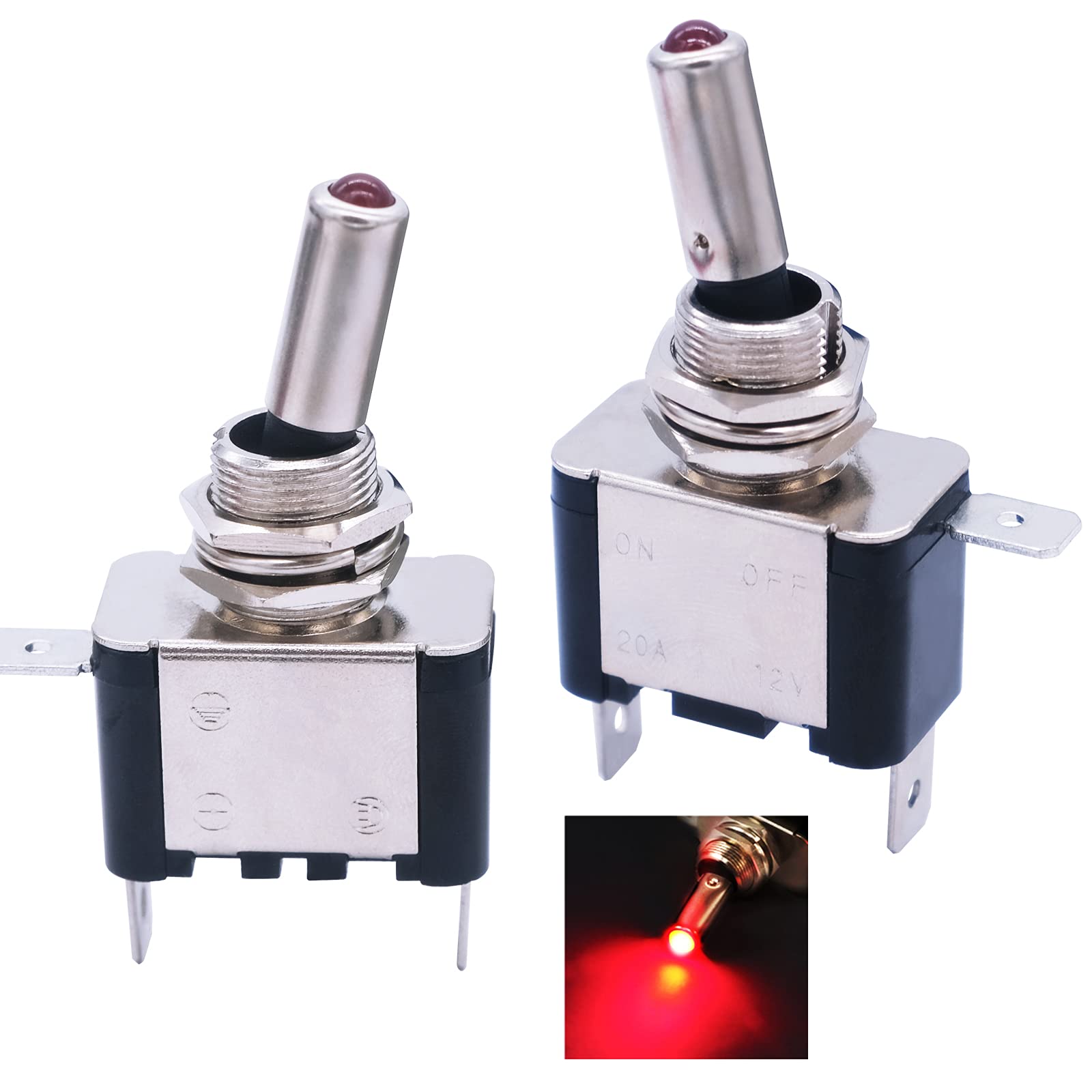 ASW-07D-2 LED Illuminated Toggle Switch - 12V 30A, Red Light, SPST On/Off For Cars, Boats, Trucks