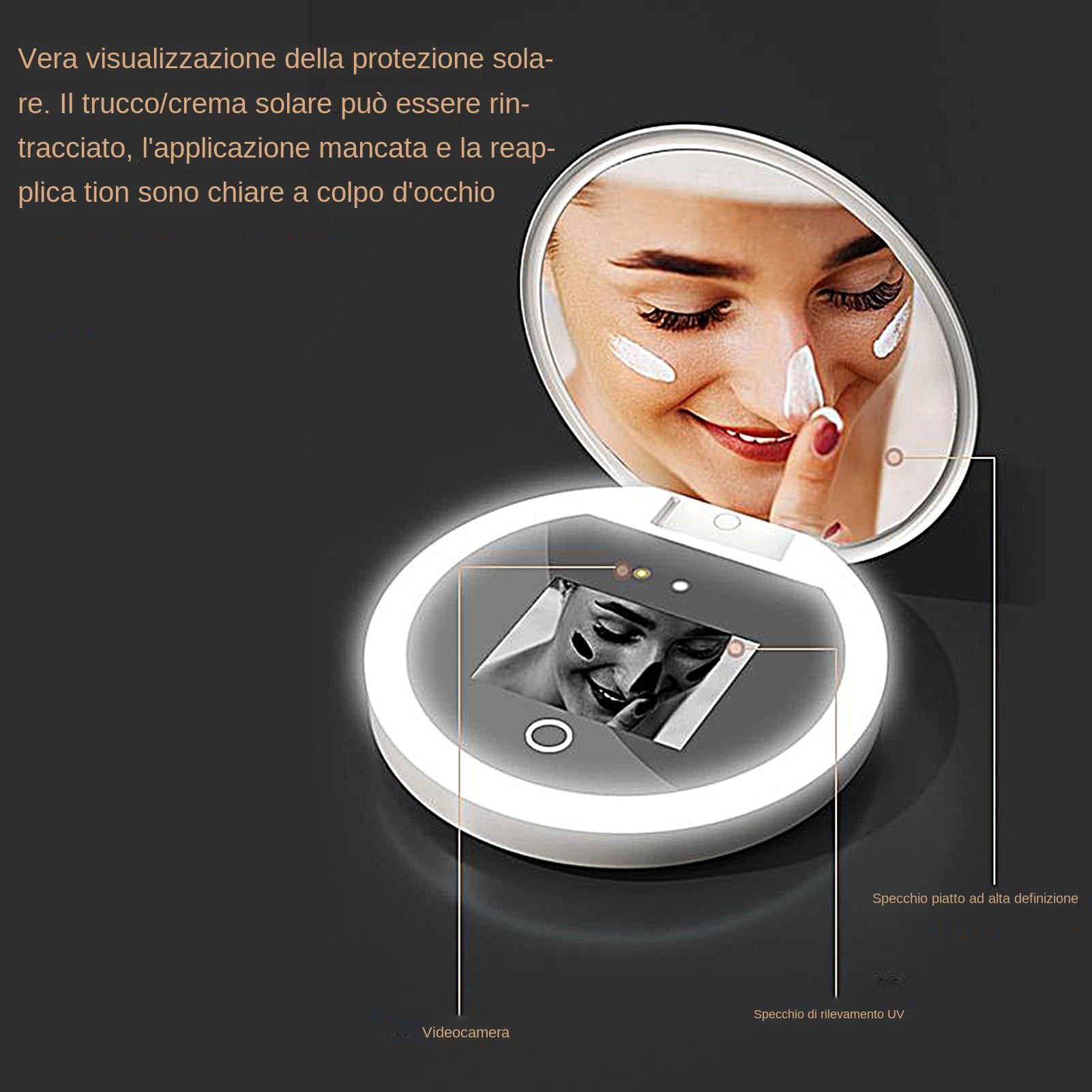 Specchio Per Trucco UV Per Crema Solare Intelligente, Specchio Per Trucco Illuminato Da Viaggio In Ingradamento 2x, Fotocamera UV Compatta Piegabile Per Test Per Protezione Solare, Lente Per Trucco