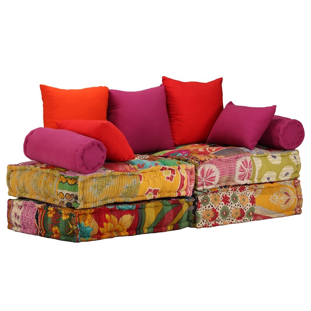 SYDE Puf Modular 2 Plazas Tela Patchwork Algodon | Convertible en sofa o cama, cojines decorativos, max 110 kg por asiento, estilo unico