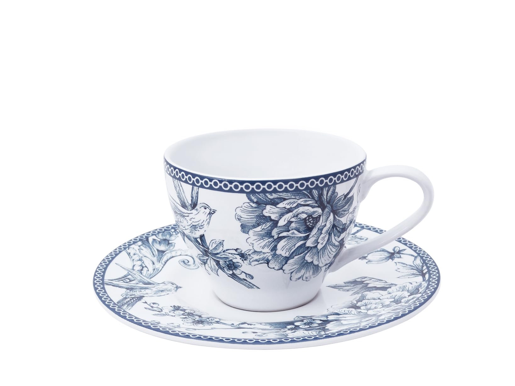 H&H Kensington Set 4 Tazze Tè, in Porcellana, Blu e Bianco, 240cc, con Piattino, Stile Inglese