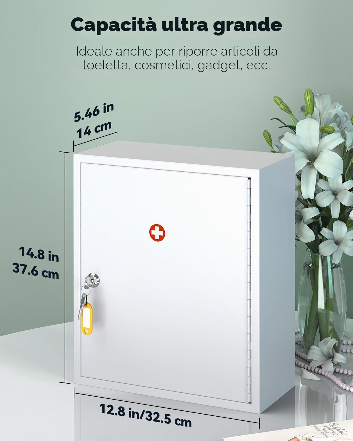Uniclife Armadietto per medicinali da parete con serratura a chiave, armadietto di pronto soccorso, armadietto medico con serratura di grande capacità, organizer per medicinali sicuro in acciaio,