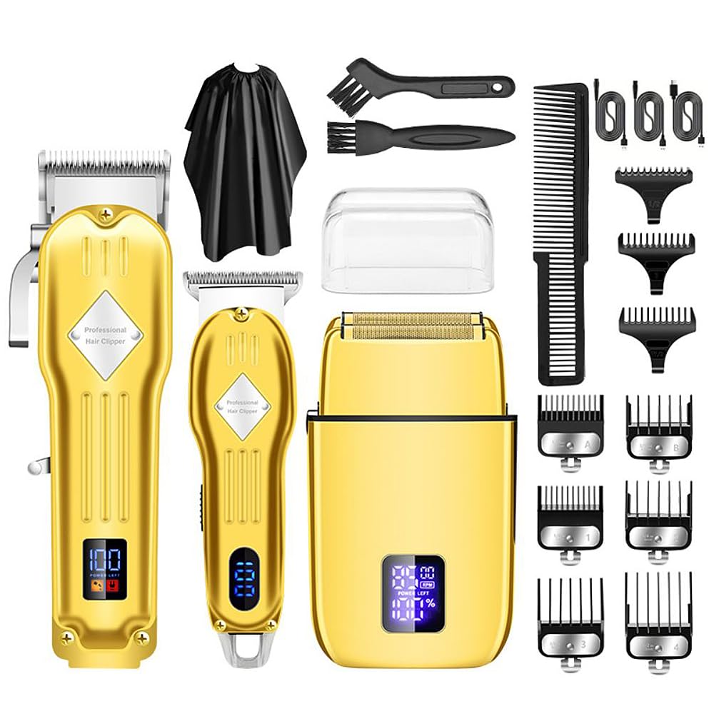 Roziapro Hair Clippers for Men Zero Gapped T-Blade Trimmer Rechargeable Foil Shavers Professional Hair Cutting Kit (Gold)