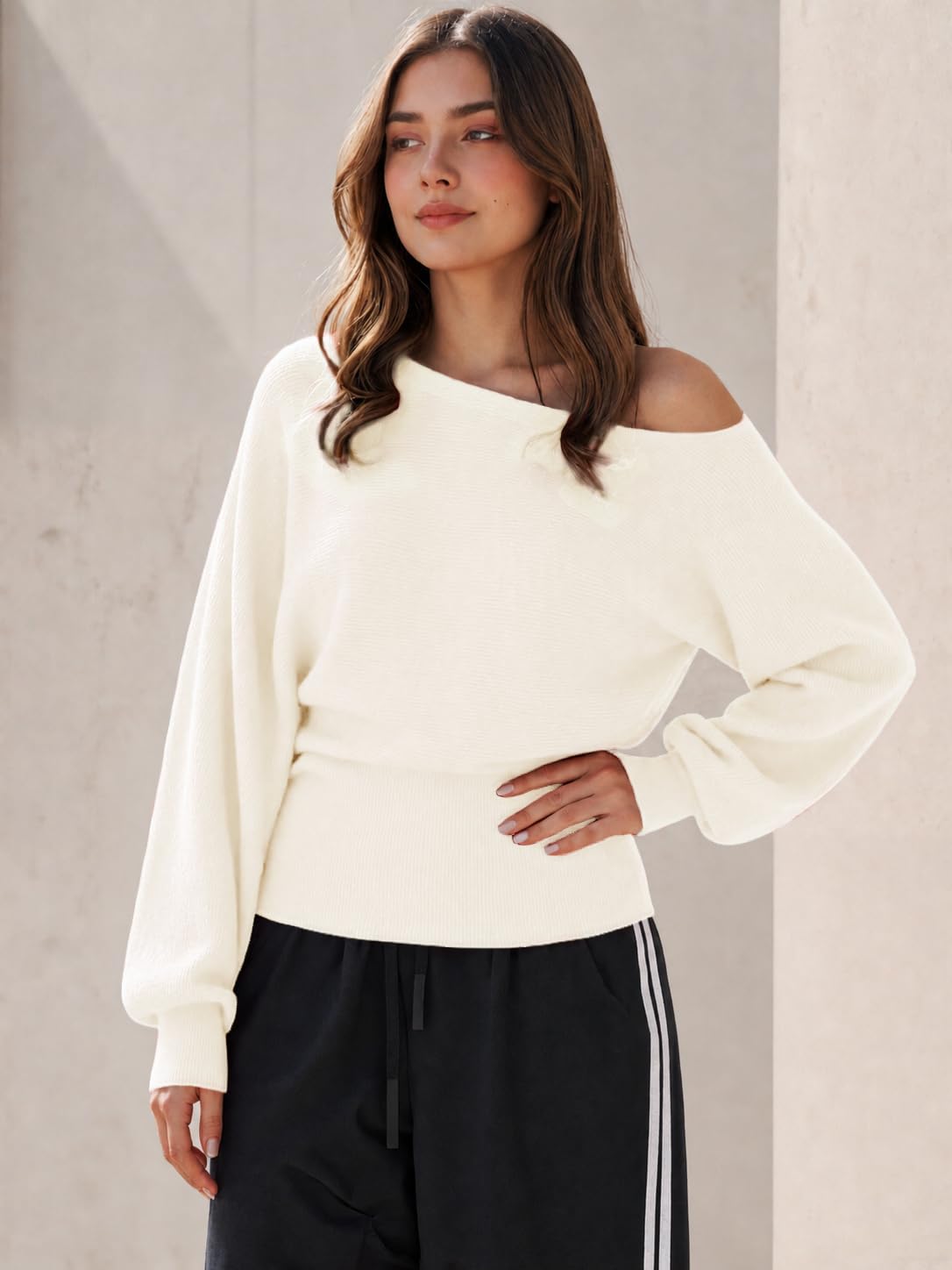 Saodimallsu Damen Pullover Sexy Schulterfrei Langarm Strickpullover