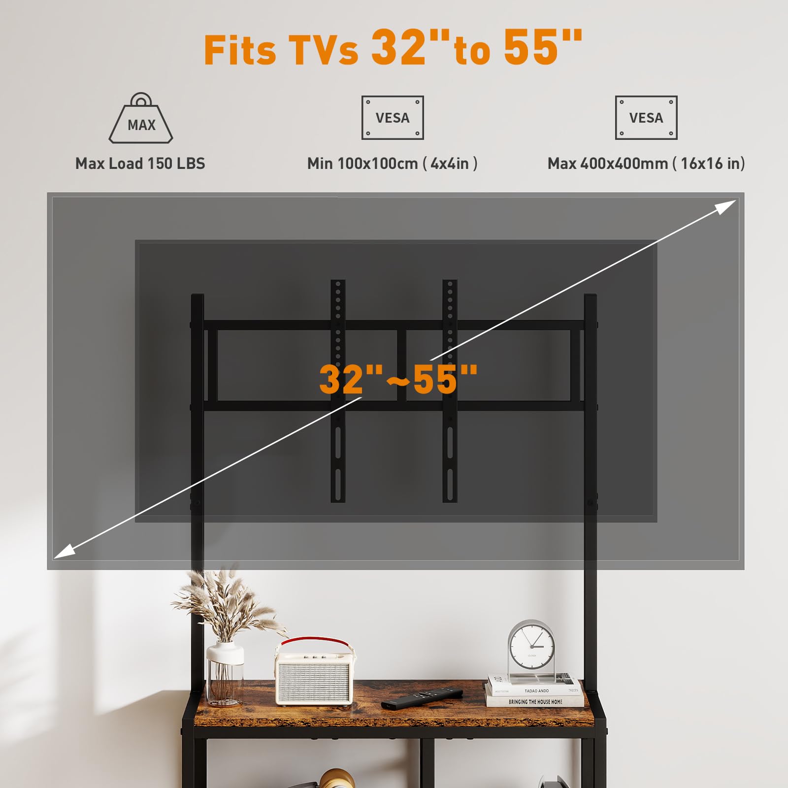 ikkle TV-Ständer für 32- bis 55-Zoll-Bildschirme, Verstellbarer Fernsehständer mit Halterung, TV-Konsolentisch mit Ablagefach und Schublade, Kleiner TV-Ständer für Schlafzimmer und Wohnzimmer, Braun