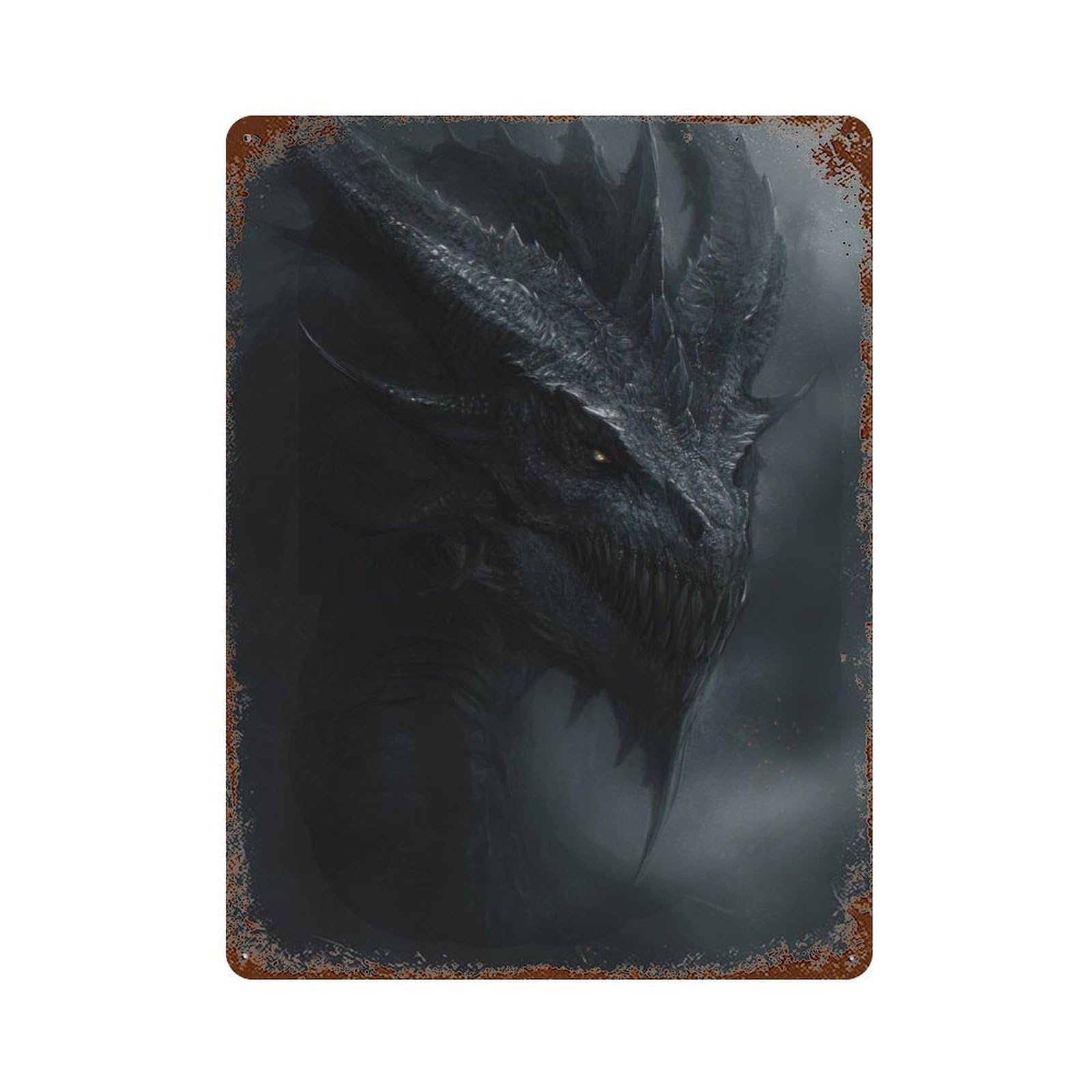 Aged Metal Wall Plaque with Dark Dragon Fantasy Artwork Design 15.7"x11.8", for Basement, Hobby Room And Garage Decor, Farmhouse Wall Decor