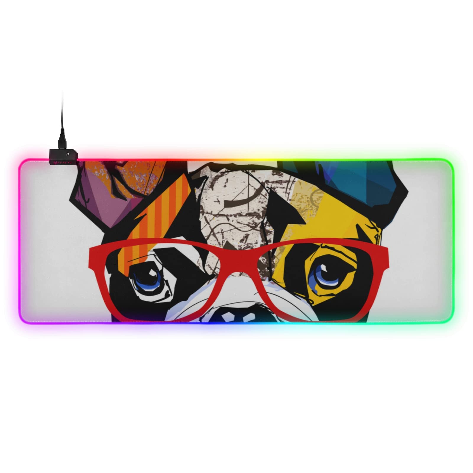 Large RGB Gaming Mouse Pad Portrait French Bulldog Wearing Sunglasses Glowing Extended Mousepad 31 5x11 8in Soft Anti-Slip