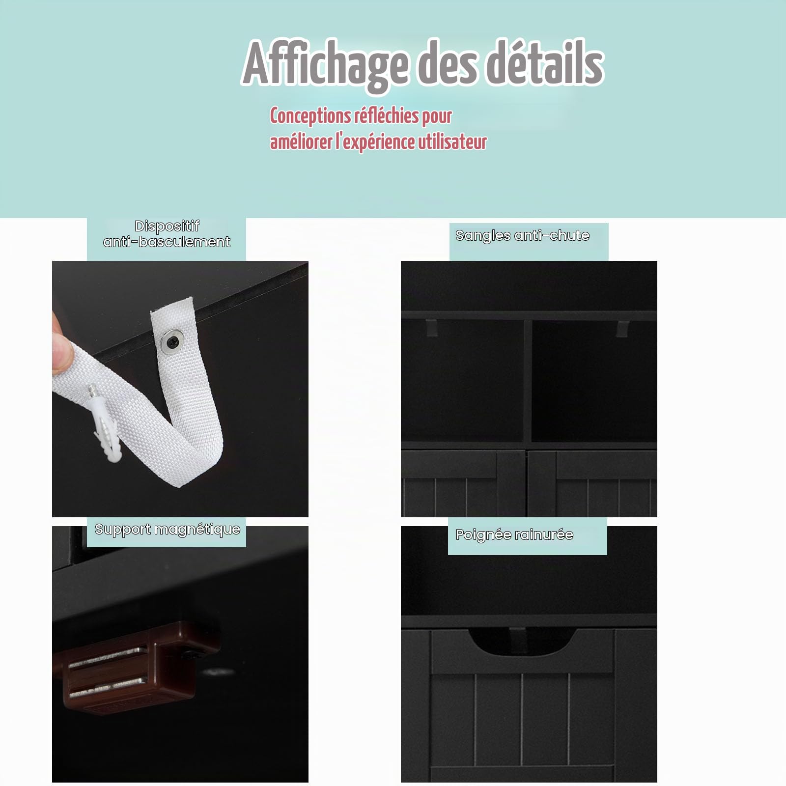 LIFEZEAL Armoire sur Pied de Salle de Bain avec Tiroirs et Étagères Réglables, Meuble de Rangement sur Pied en Bois, Armoire Haute Moderne pour Cuisine, Salon, Salle de Bain, 60 x 30 x 109 cm (Noir)