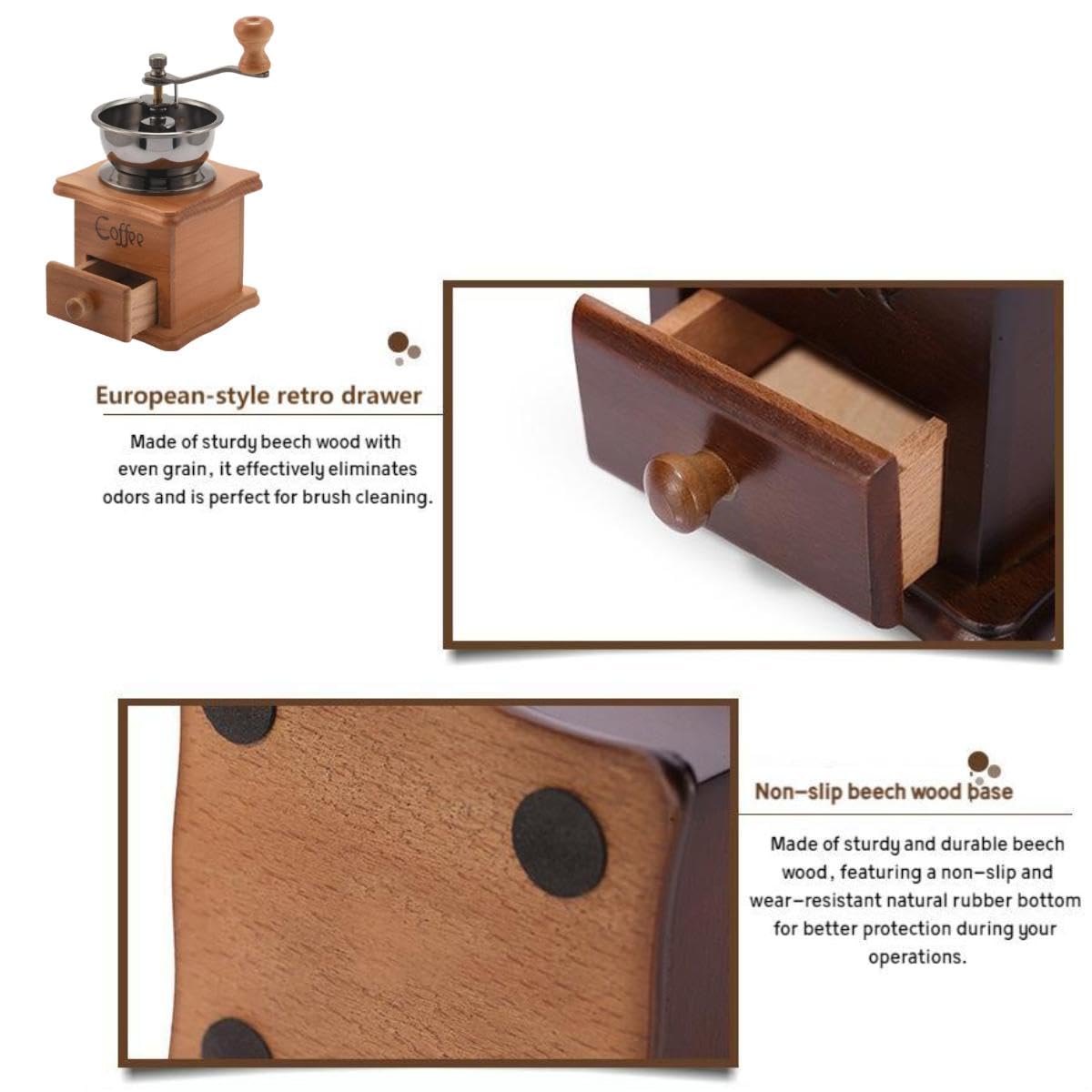 Classic Wooden Hand Crank Coffee Mill - Light Brown -3
