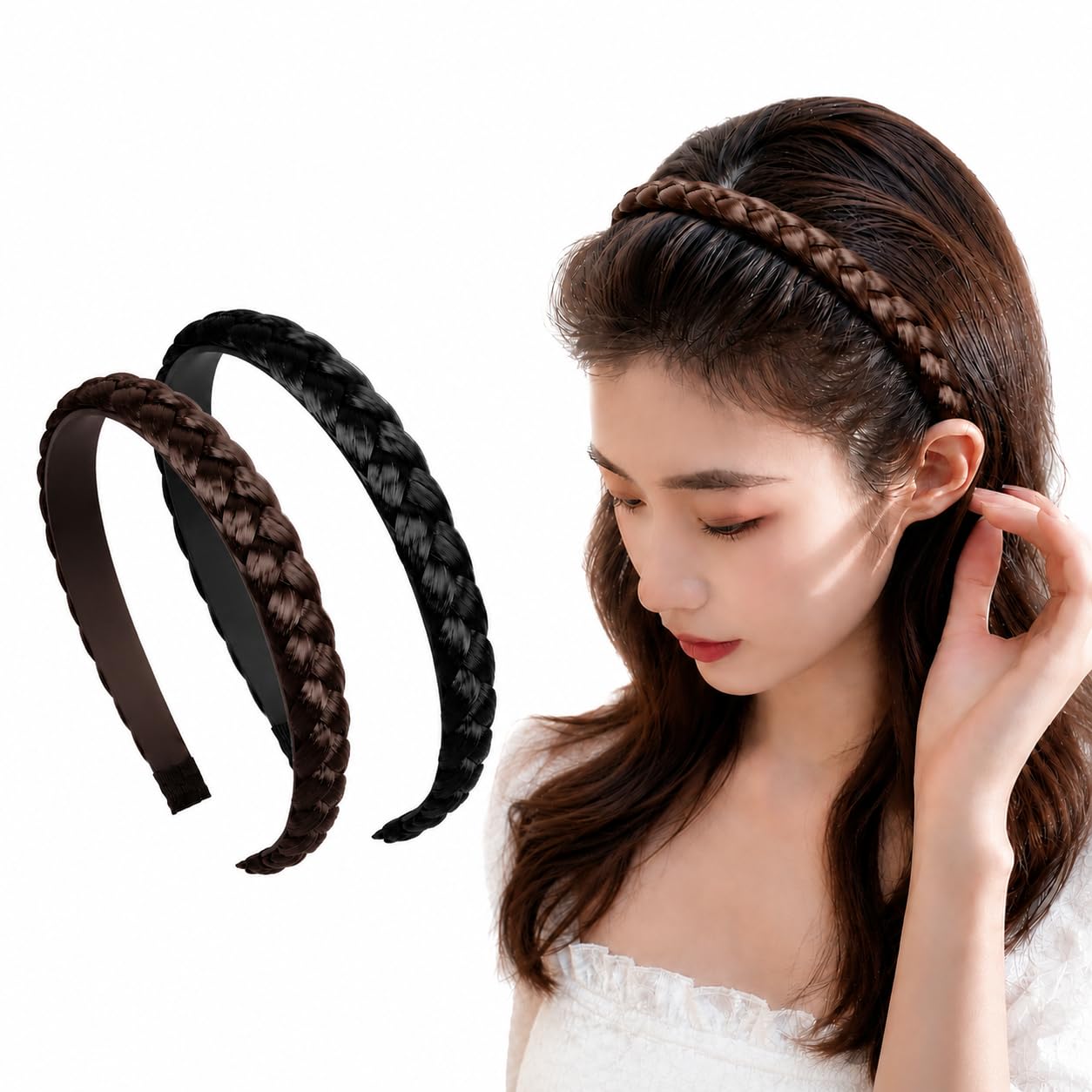 Diversa Braided Hair Band with Teeth, Synthetic Hair Braided Plates Non-Slip Headband, Hair Braid Accessories for Women & Girls, 1.2 inch, Black & Brown, Pack of 2