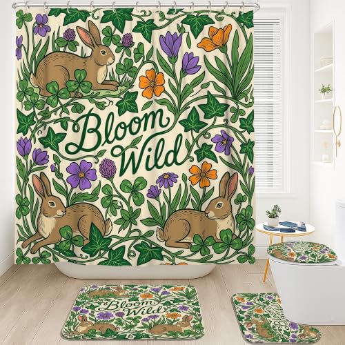 Rideau de douche polyester fleurs de nature avec tapis de bain lierre