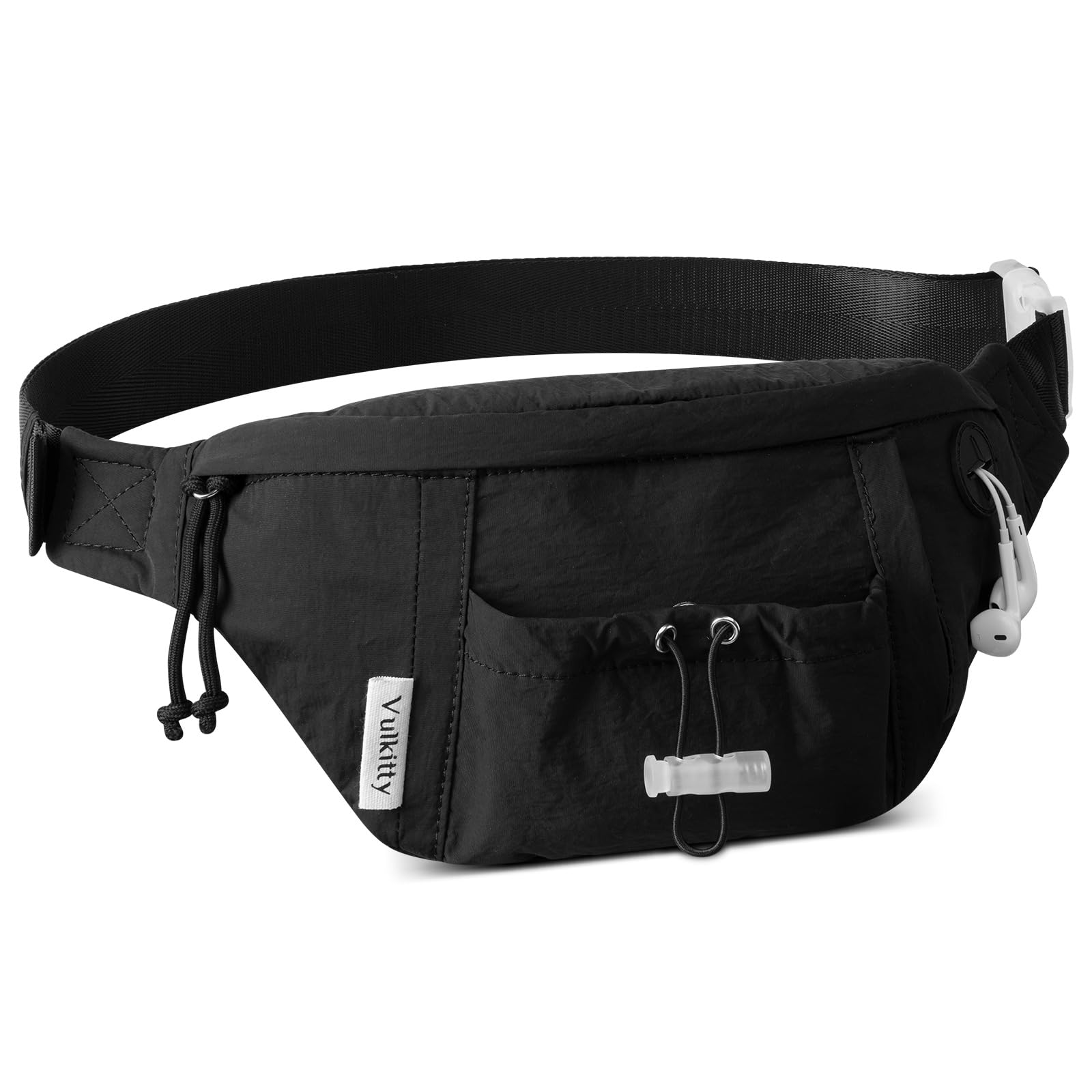 Vulkitty Bumbag for Men Women Black Fanny Pack with Adjustable Belt, Headphone Jack, Multiple Pockets, Water-Resistant Fabric
