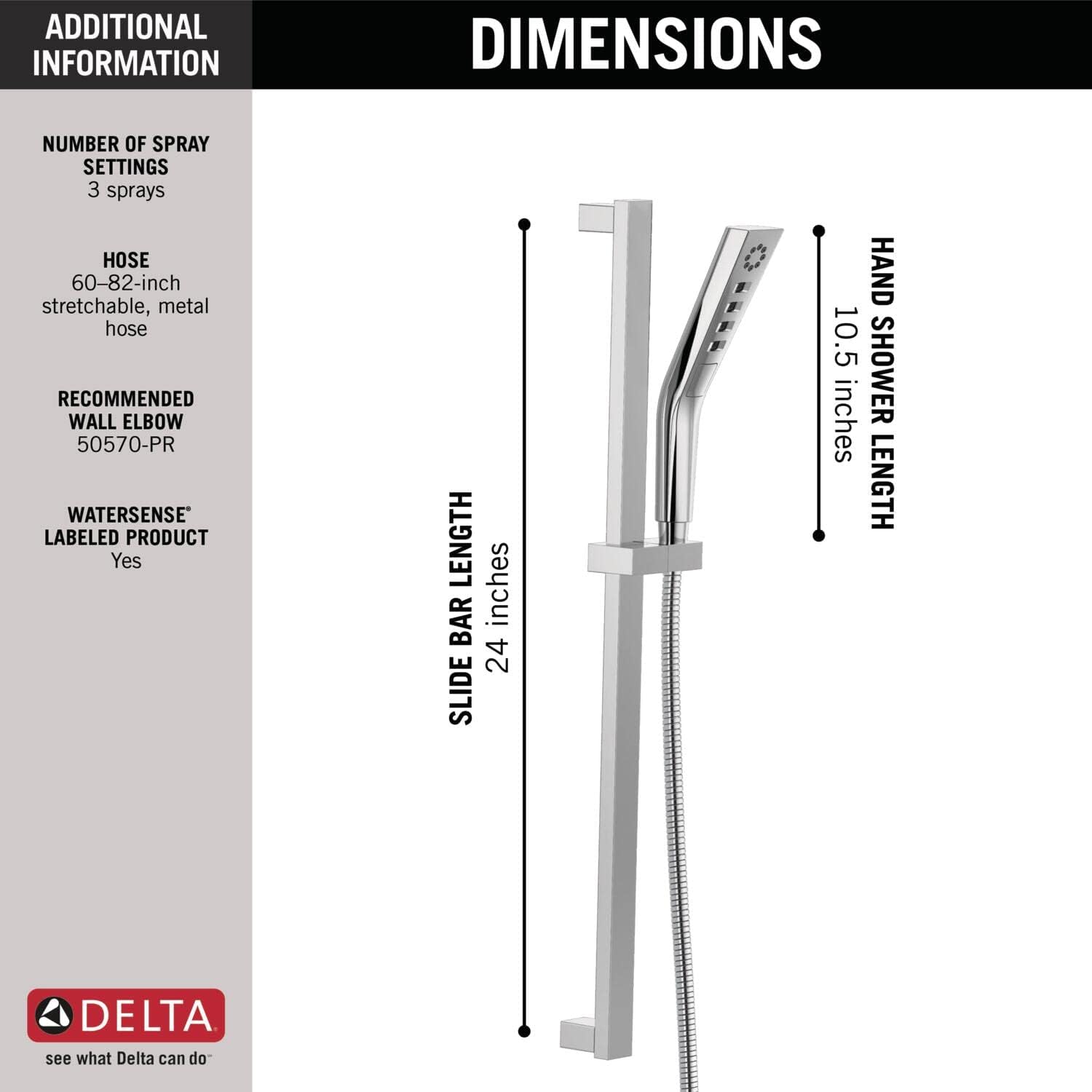 Delta Faucet 3-Spray H2Okinetic Slide Bar Hand Held Shower with Hose, Chrome Handheld Shower Head, Slide Bar Hand Shower, Handheld Shower, Detachable Shower Head, Chrome 51799