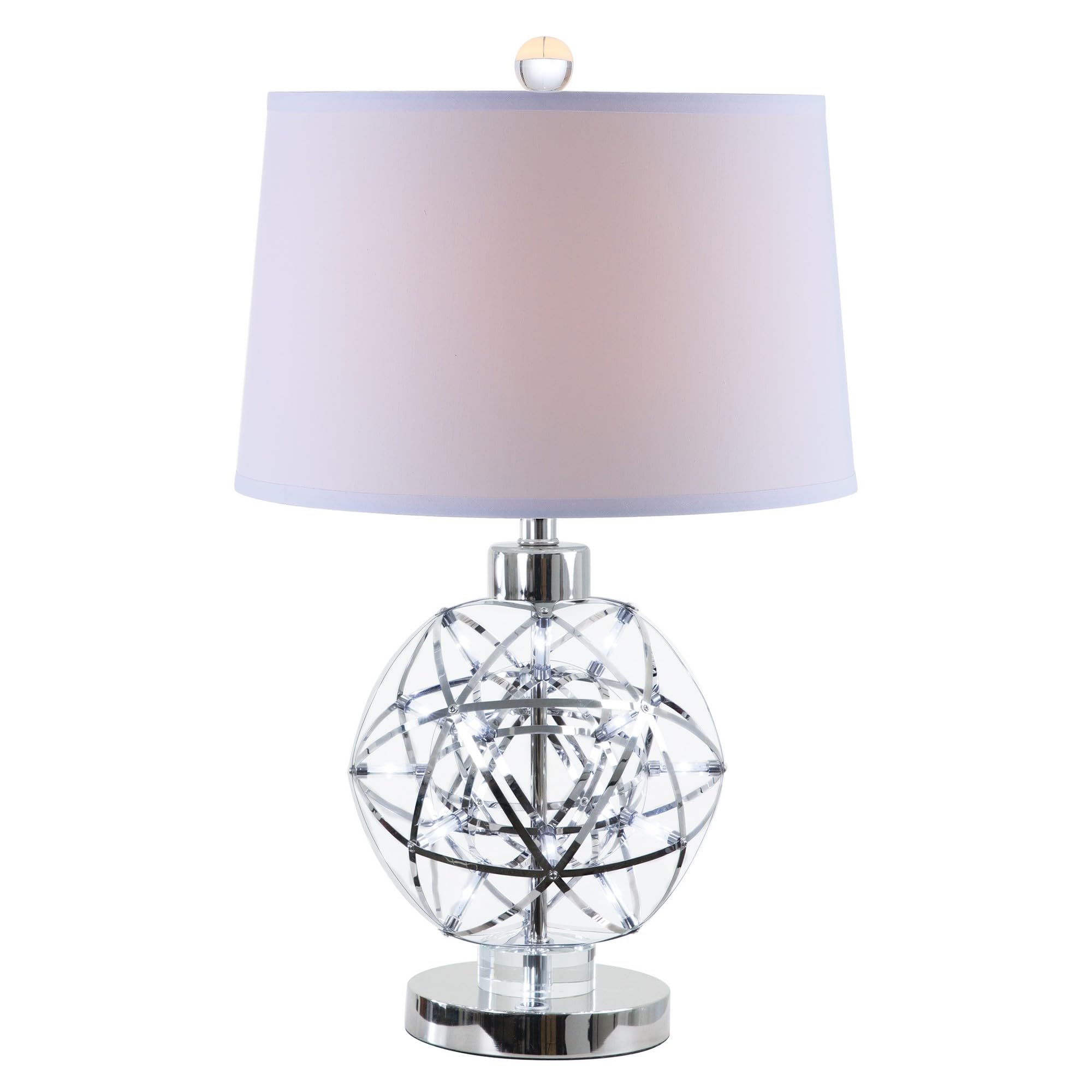 Benjara BM309010 25 in. Cue Accent Round Base Table Lamp with Empire Fabric Shade Nickel Silver & White