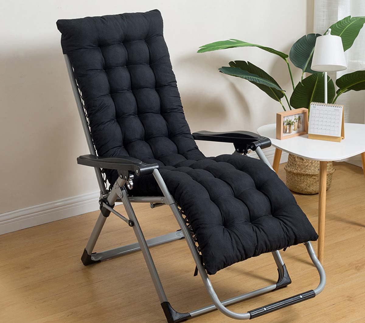 Kongdson Garden Sun Lounger Cushions with Non-slip Ties, Patio Sunbed Recliner Thick Replacement Cushions for Outdoor Indoor, High Back Chair Relaxer Seat Pad (Black,150x53cm)