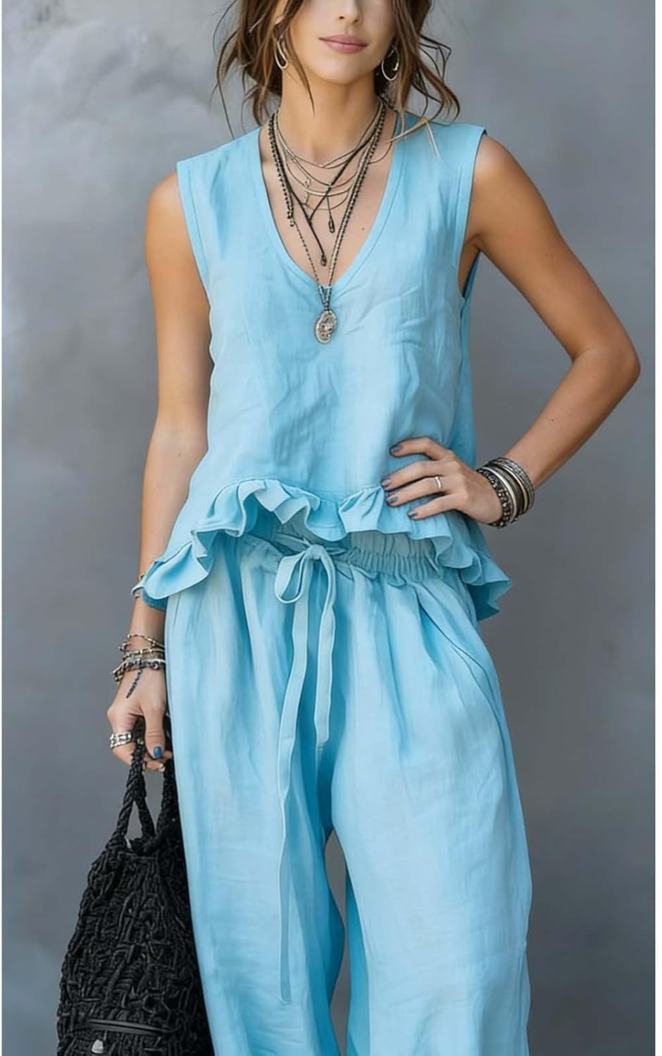 Women's Linen Sleeveless V Neck Ruffle Top and Wide Leg Pants Summer Set Fashion Matching Travel Outfits