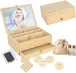 Caixa de lembrança de bebê com 5 itens de memória adicionais – Caixa de memória de bambu para bebês meninas e meninos – Kit de impressão manual, discos de marco, cantos de fotos, frascos de vidro