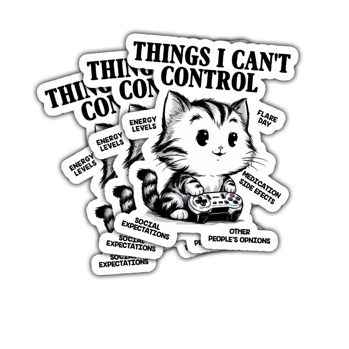 3 pegatinas de gato Things I Can't Control para salud mental y TDAH