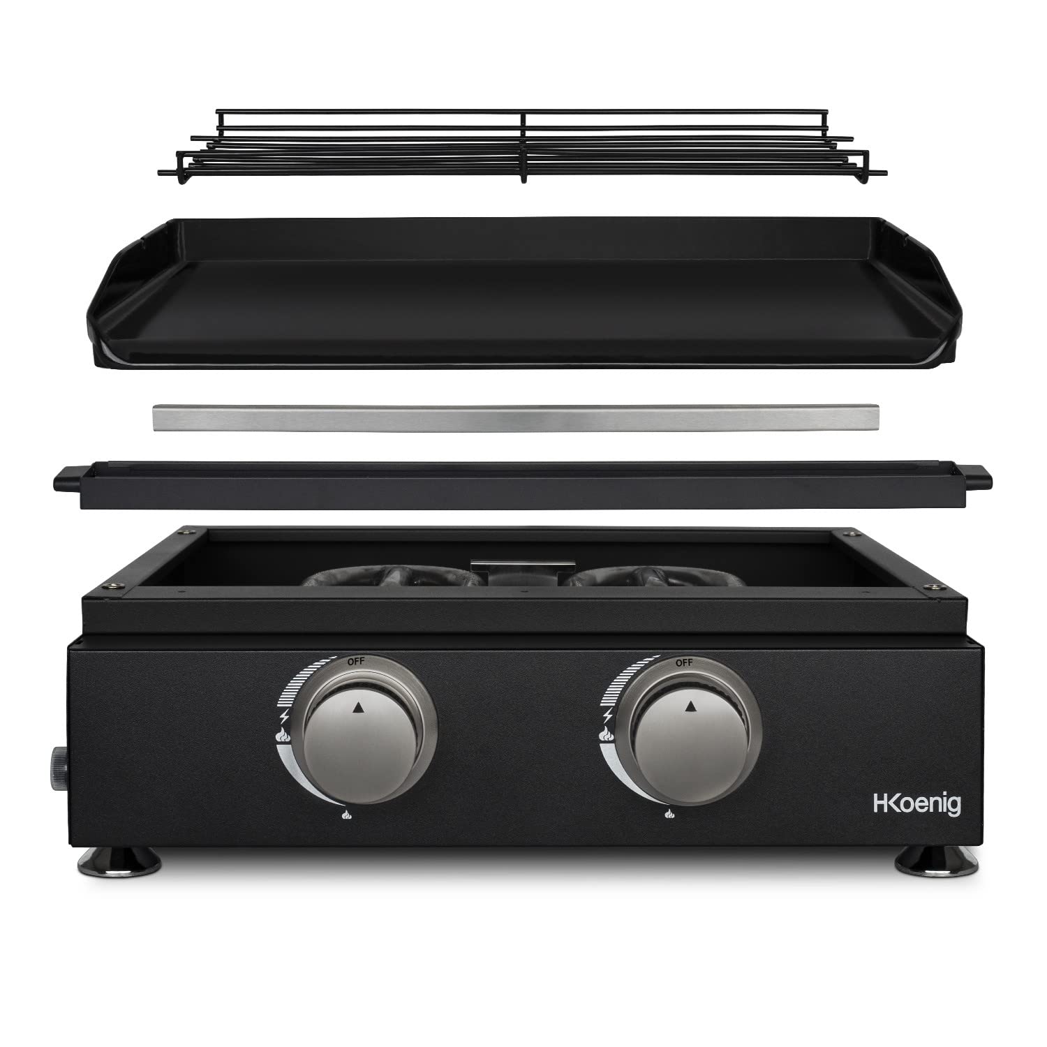 H.Koenig Plancha de asar a gas PLX1022, 2 Quemadores U Acero inoxidable, Plancha de asar de fundición esmaltada, Alimentación de gas propano o butano, Distribución uniforme del calor, hasta 350°C