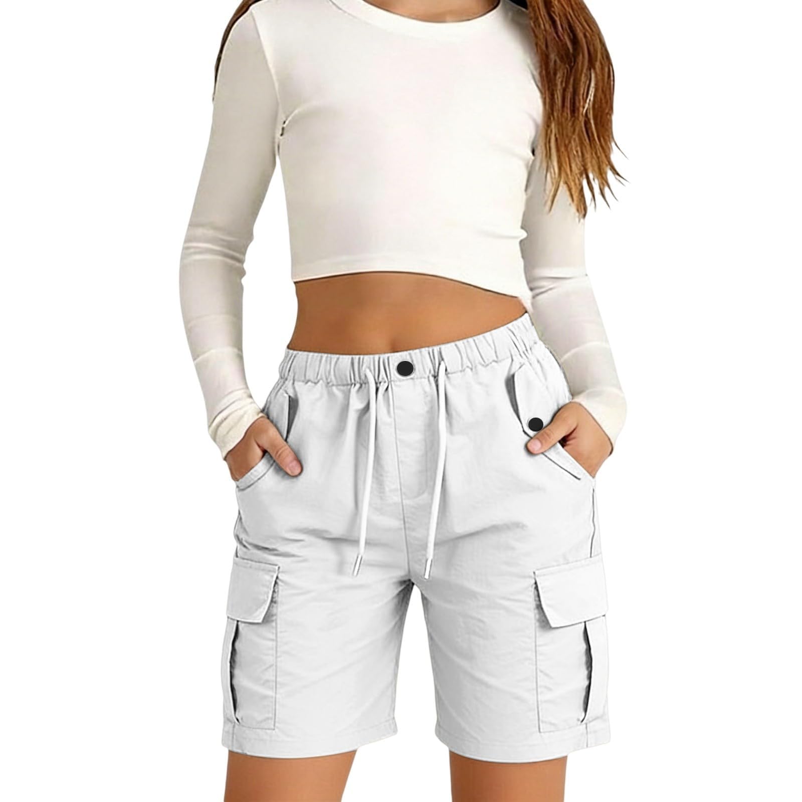 Generisch Shorts Mädchen Sommer Baggy Elastische Taille Cargo Shorts Casual Bermuda Wanderhose Einfarbig Outdoor Arbeitshose mit Taschen und Kordelzug