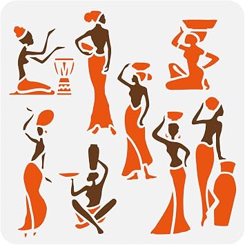FINGERINSPIRE African Woman Painting Stencil 11.8x11.8 Reusable Black Woman Silhouette Stencil Template African Tribal Woman Stencils for Painting on Wood Canvas Fabric Wall Furniture DIY Home Decor