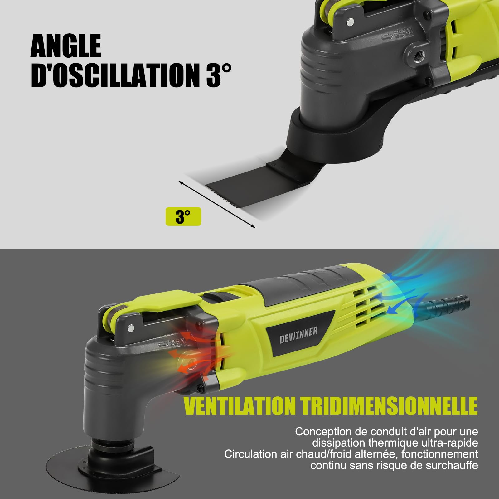 DEWINNER Outil Multifonction Oscillant, 300W Outils Oscillants, Angle Oscillant 3 °, 6 Vitesses Variables 15000-22000RPM, 28 Accessoires, Multi Outil Oscillant pour Couper, Poncer, Gratter, Scier