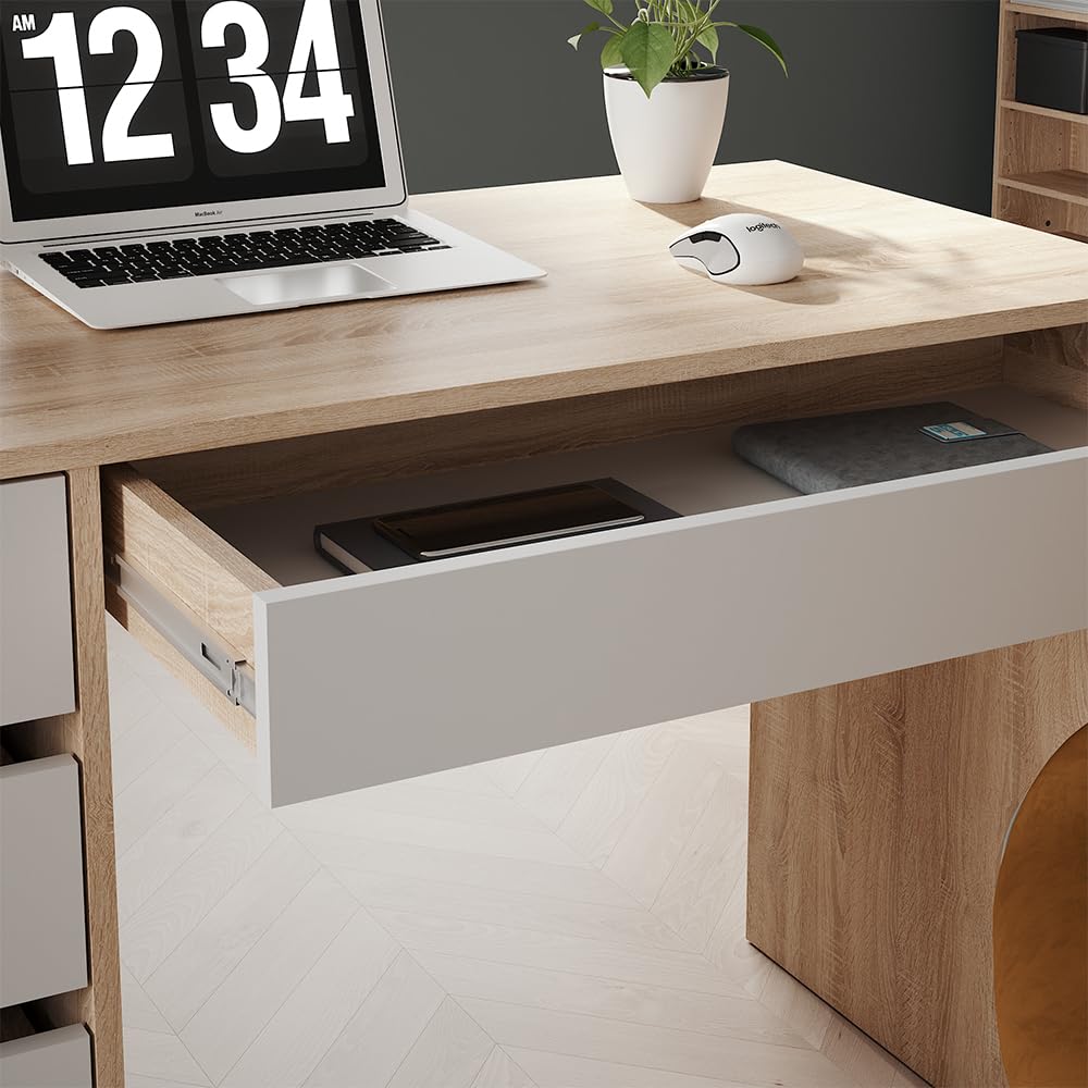 Vicco Bureau Sherry, Sonoma/Blanc, 55x120cm avec tiroirs, Convient comme Poste de Travail pour Le télétravail ou Les études