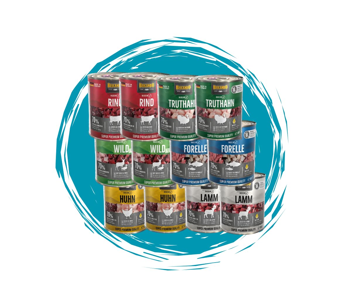 Belcando Baseline Sparpaket 2x6x800g – Nassfutter Mix für Hunde mit 6 Sorten: Forelle, Rind, Lamm, Huhn, Wild & Ente, Truthahn – Premium Hundenahrung aus Deutschland – ohne Zucker & Soja