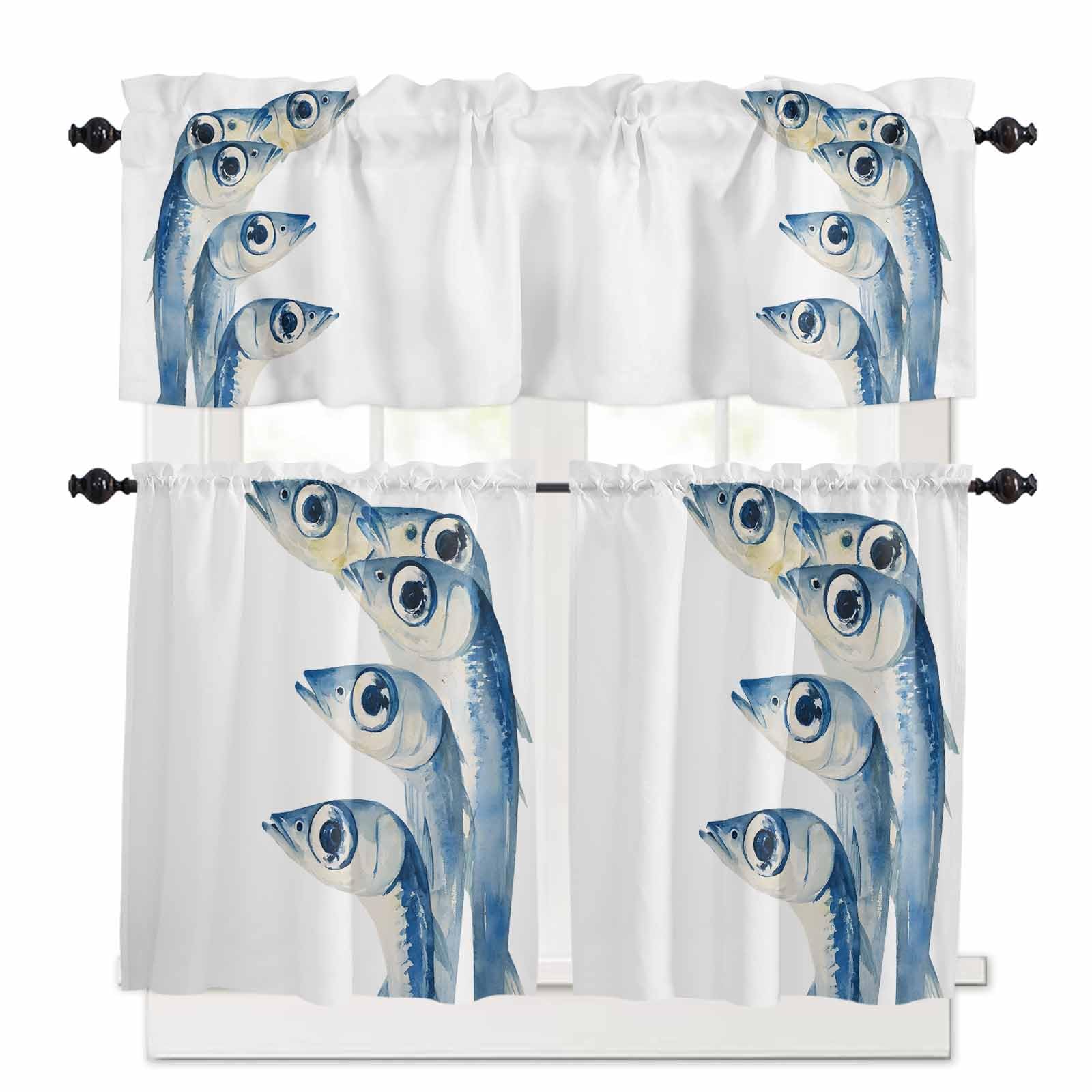 Blue Fish Kitchen Curtains 36 Inch Length, 3 Piece Rod Pocket Small Half Tiers and Valance Set, Coastal Ocean Animal Watercolor White Small Large Window Treatment Decor for Bedroom/Bathroom Sink