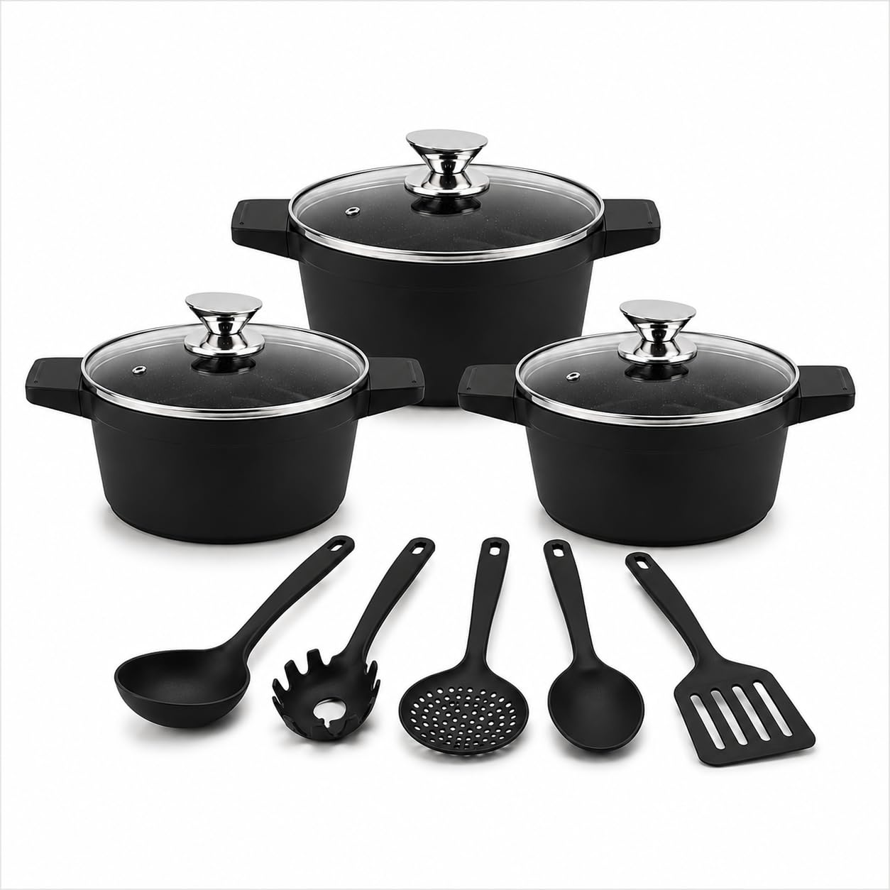 Set Casseruole 11 Pezzi in Alluminio Pressofuso con Rivestimento Effetto Pietra Lavica Antiaderente – 3 Pentole con Coperchi in Vetro (20/24/28 cm) + 5 Utensili da Cucina – Adatte a Induzione (Nero)