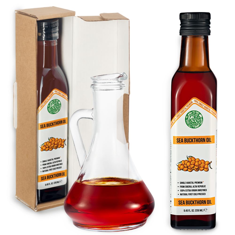 Aceite de Espino Amarillo Verde Siberiano – 250 ml Aceite de Fruta Hippophae Monovarietal, Virgen Extra Sin Refinar, Prensado en Frío
