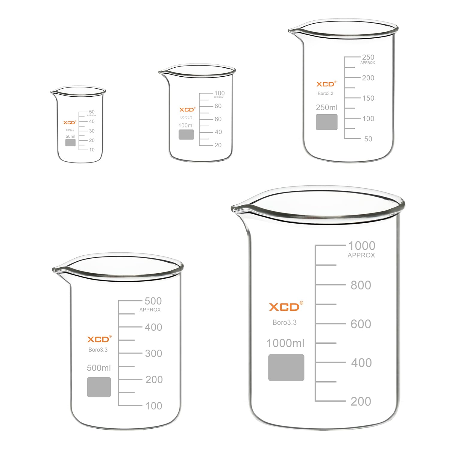 XCD Juego de vasos de vidrio de borosilicato, paquete combinado graduado de forma baja en 5 tamaños (50 ml, 100 ml, 250 ml, 500 ml, 1000 ml)