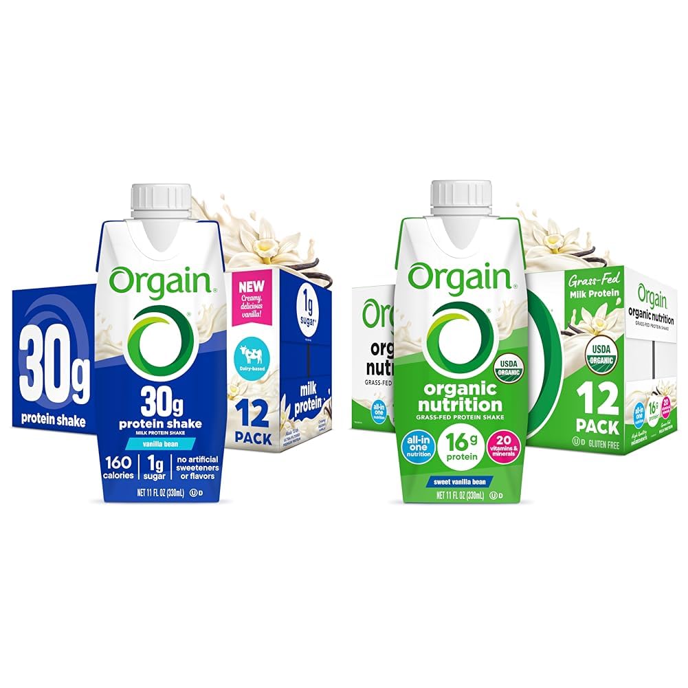 Bundle of Orgain 30g High Protein Shake, Vanilla Bean, 5g BCAAs, 11 Fl Oz + Orgain Organic Nutritional Shake, Vanilla Bean, 16g Protein, 20 Vitamins & Minerals,