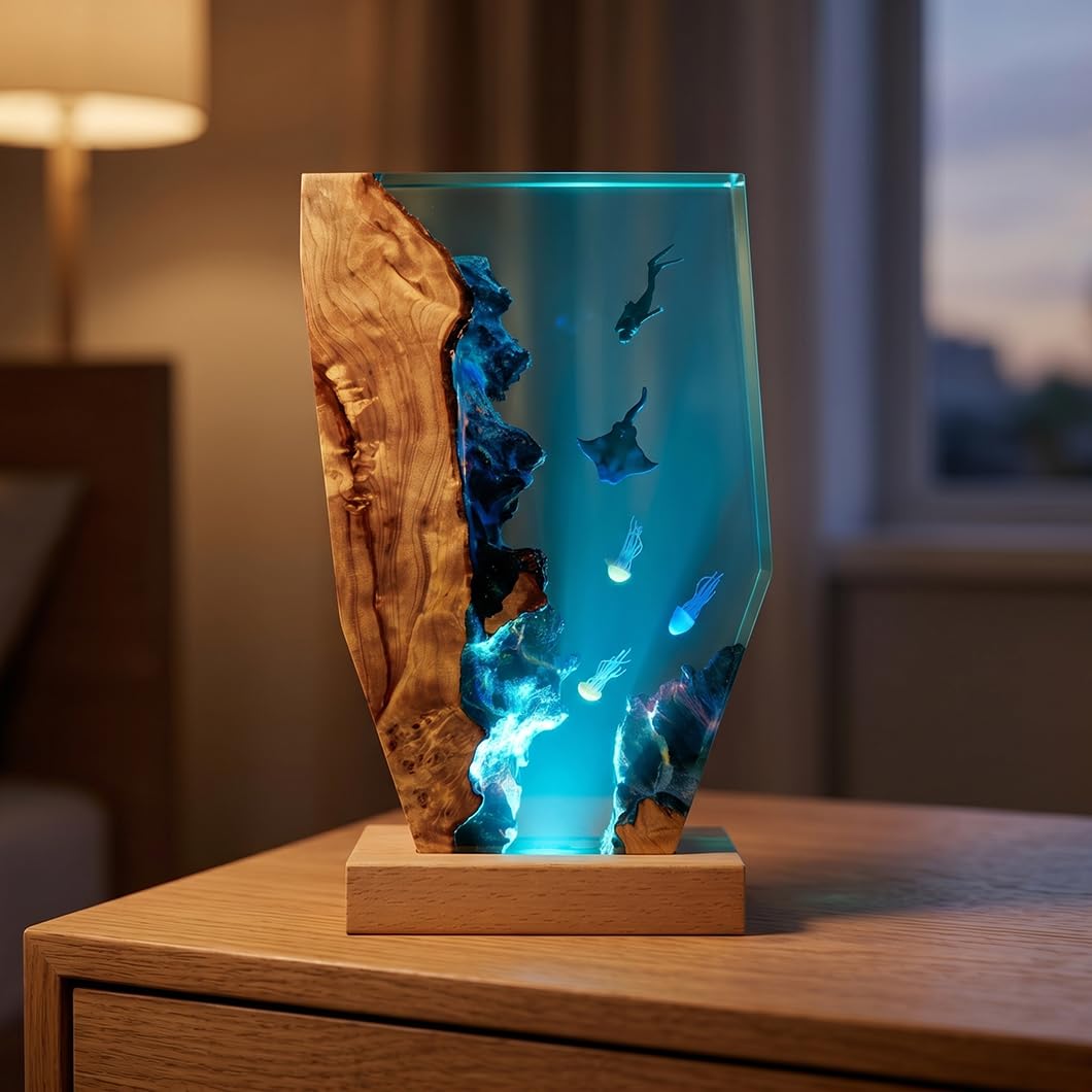 Tiefseetaucher Resin & Massivholz Lampe – USB-dimmbare Nachtleuchte mit Mantarochen & Quallen 3D-Dekoration, handgefertigtes Epoxidharz-Kunstobjekt für Schlafzimmer, Wohnzimmer, Büro (22*13*3.5cm)