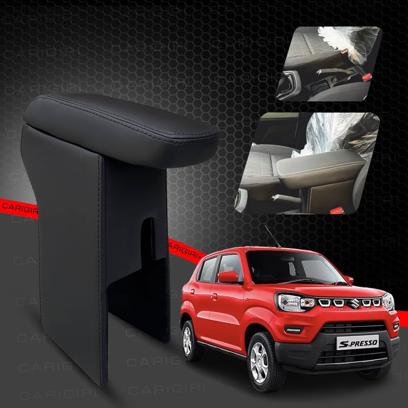 Image of Carigiri Premium Finish Car Armrest with Storage Box And High Density Moulded Foam For Maruti Suzuki S.Presso (Black With Black Double Stitching,Nappa Leatherette)