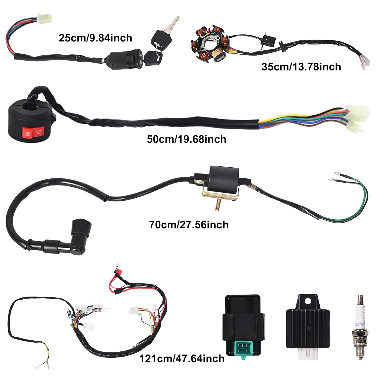 Complete Electrics Wiring Harness Kit, Coil Stator Solenoid Relay CDI Spark Plug for 4 Wheelers Stroke ATV 50cc 70cc 90cc 110cc 125cc Go Kart Pit Quad Dirt Buggy Bike Parts