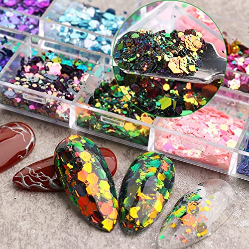 12 Colors Hexagon Chunky Nail Glitters Holographic Nail Stickers Sequins Glitter Mermaid Powder Flakes Shiny Charms Hexagon Nail Designs Suitable For Women Girls Acrylic Nails Decoration Crafts #TOP2