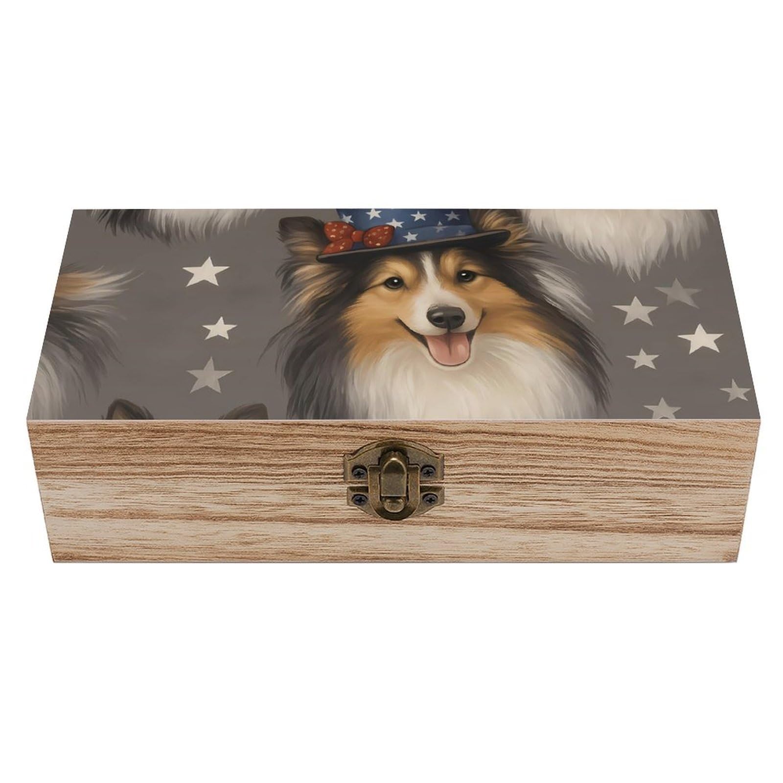 HLBSDM Happy Australian Shepherd with Hat Retro Wooden Storage Box Jewelry Art Gift Boxs Decorative Keepsake Boxes