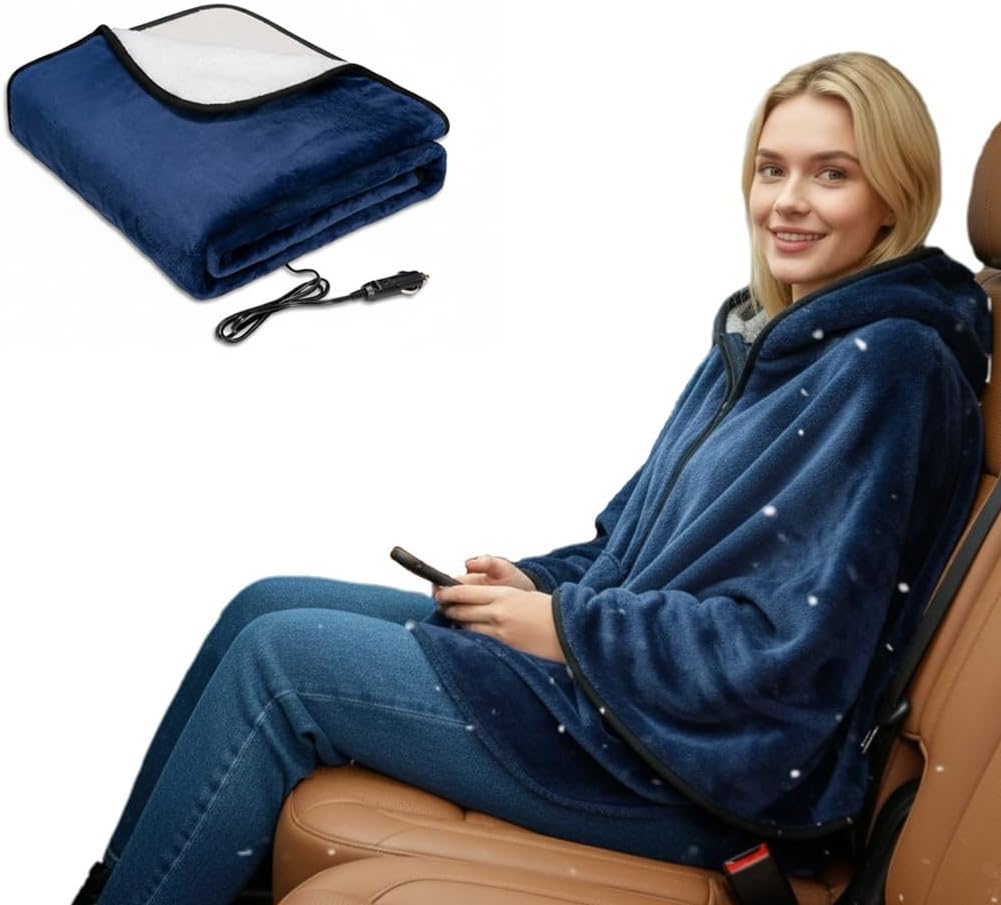 Sojoy Wearable 12V Heated Car Blanket with Zipper Design, Flannel Sherpa Electric Shawl for Cars Trucks SUVs, Fast Heating Lap and Shoulder Wrap for Cold Weather Travel，Navy Blue