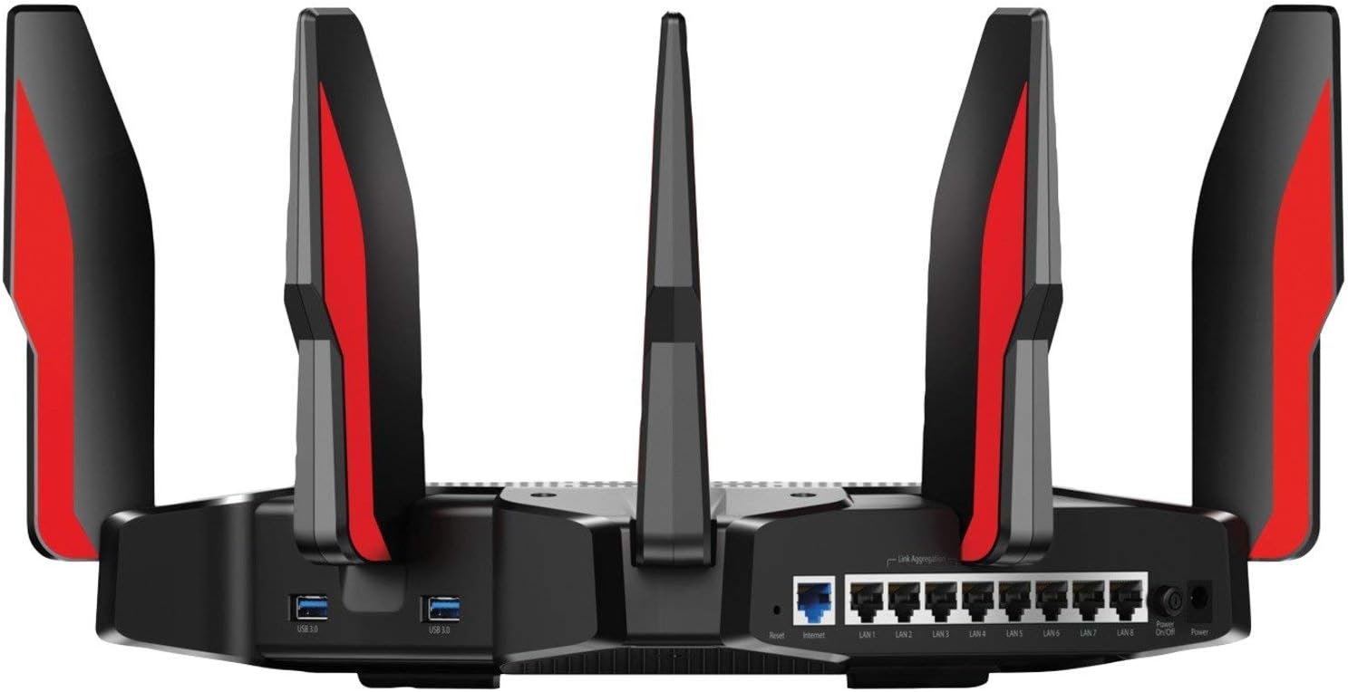 뒤쪽 view TP-Link Archer C5400X 라우터의 모든 포트와 버튼을 보여주는 사진입니다.