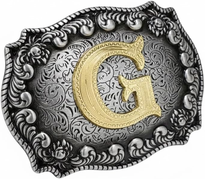Western Initial Belt Buckle Men Women Gold Letter Monogram Silver Floral Engraved Cowboy Rodeo Gift