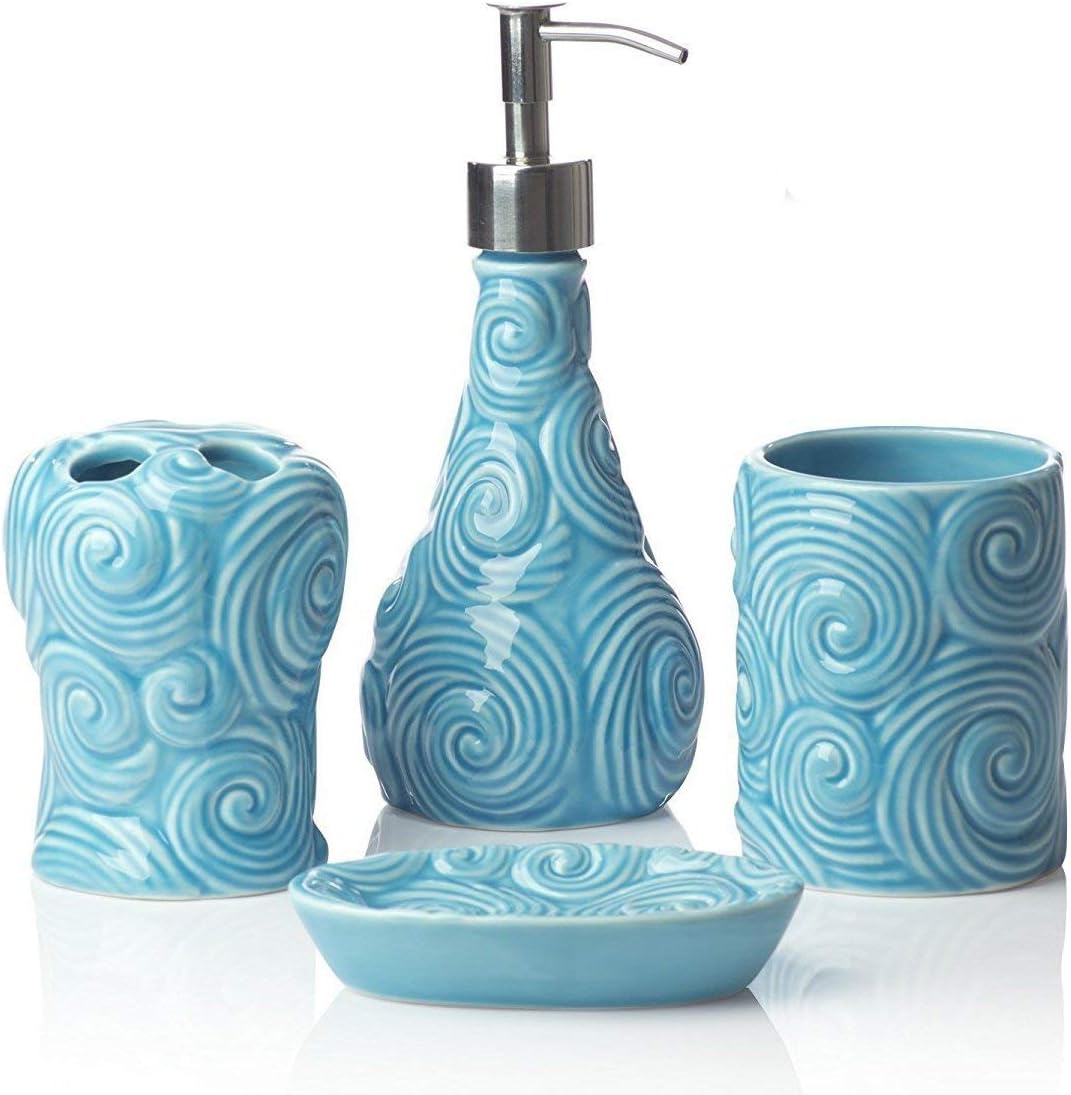 Comfify Designer - 4 Piece Bathroom Accessories Set - with Soap or Lotion Dispenser, Toothbrush Holder, Tumbler and Soap Dish - Glossy Finish - Porcelain (Ocean Waves, Aqua Blue) Holds 15.6oz