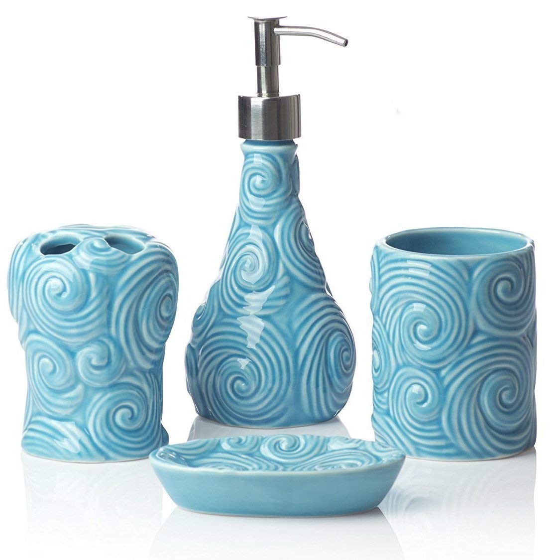 Comfify Designer - 4 Piece Bathroom Accessories Set - with Soap or Lotion Dispenser, Toothbrush Holder, Tumbler and Soap Dish - Glossy Finish - Porcelain (Ocean Waves, Aqua Blue) Holds 15.6oz
