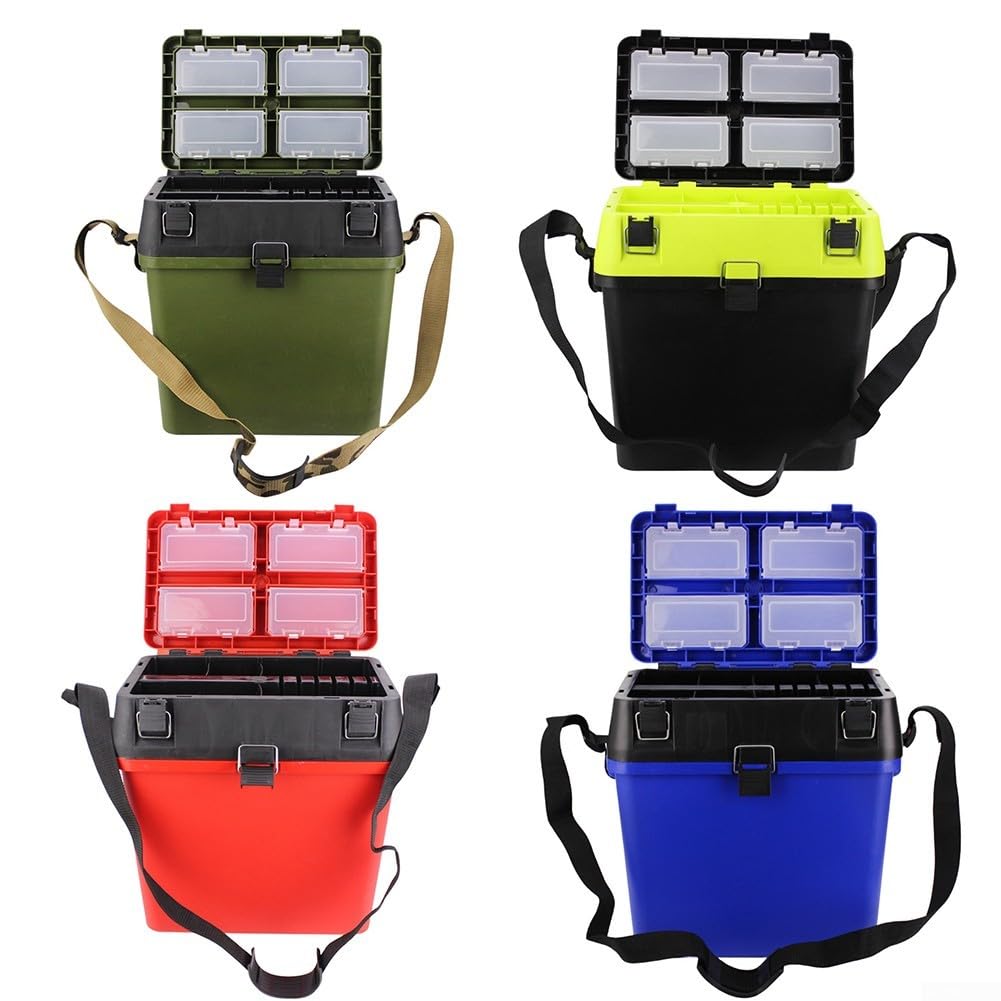 Caja de aparejos de pesca con correas ergonómicas, asiento desmontable, interior modular y sistema de hebilla superior segura (azul)