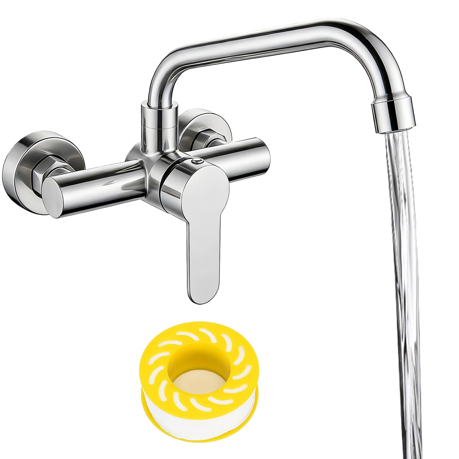 Rubinetto da cucina montaggio a parete: 304 in acciaio inox spazzolato a parete, girevole a 360 gradi, cartuccia in ceramica, acciaio inox opaco, rubinetto da parete in acciaio inox per cucina