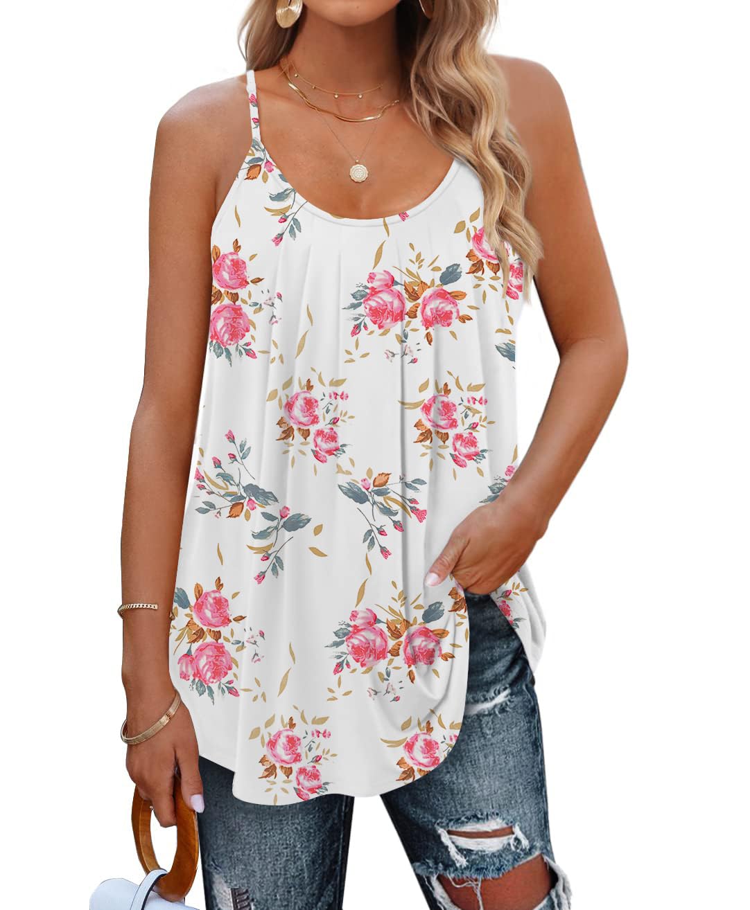 DUOSASE Tank Top Damen U-Ausschnitt Plissierte Spaghetti Top Damen Sommer 2025 Sexy Ãrmellose Oberteile