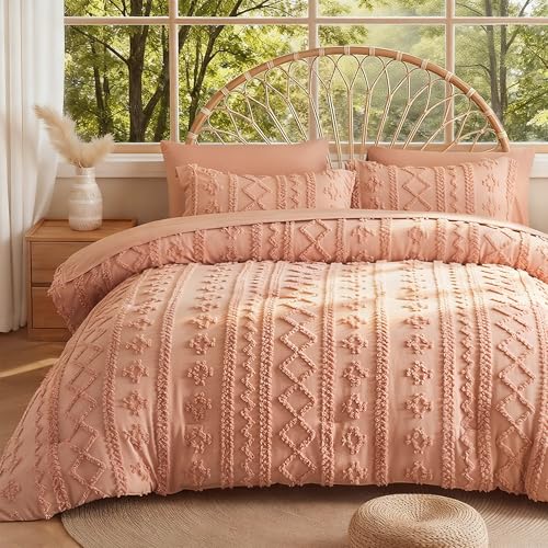 Image of MR&HM Twin XL Comforter Set Coral Pink, 5 Pieces Tufted Boho Beddding Sets, Farmhouse Style Bed in a Bag with 1 Comforter, 1 Pillow Sham, 1 Pillowcase, 1 Flat Sheet, 1 Fitted Sheet for College Dorm